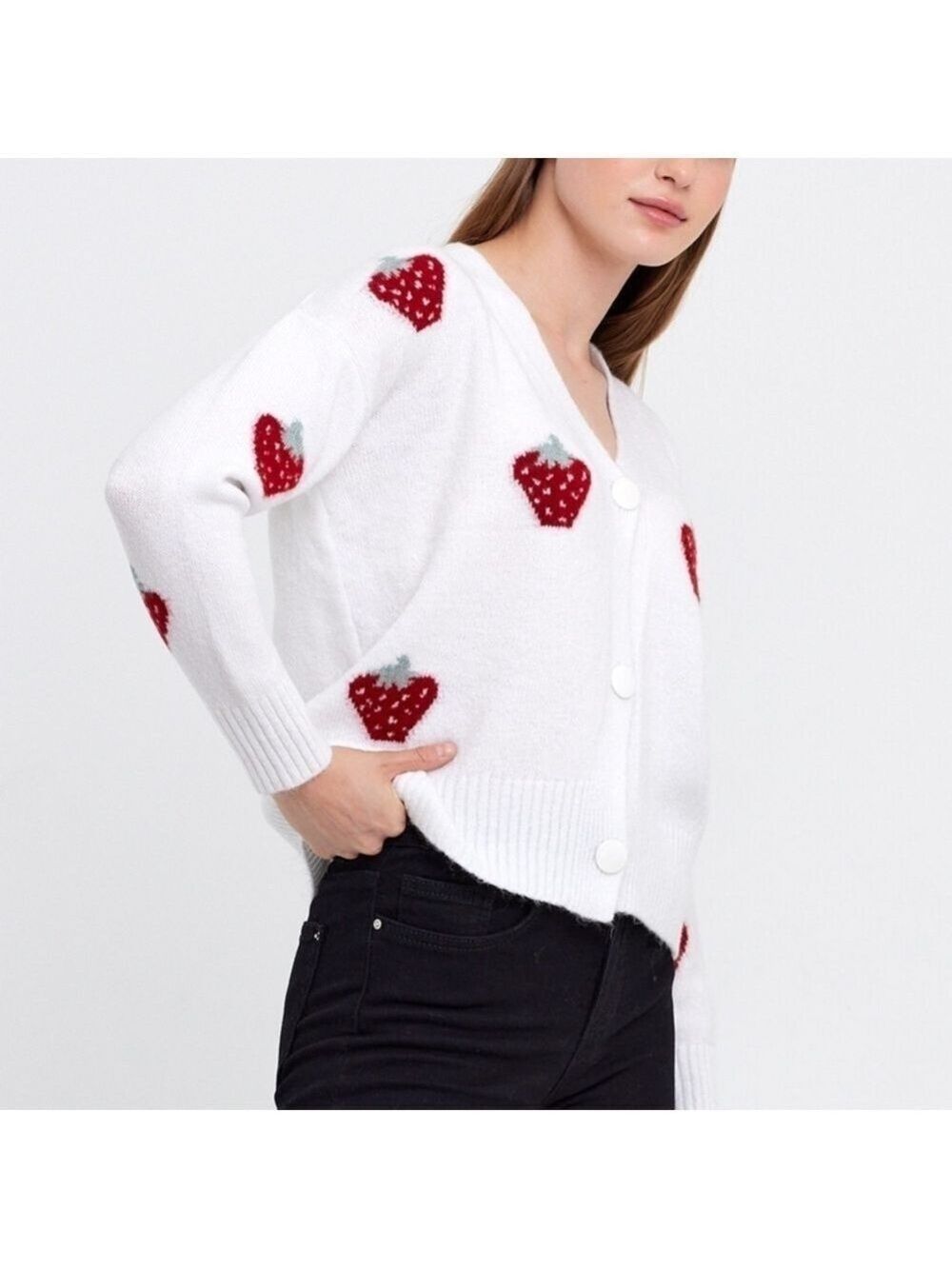 Comfy Strawberry Cropped Cardigan OS NWT - Picture 7 of 10